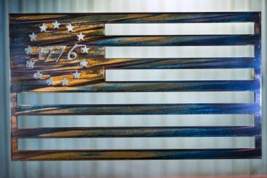 Revolutionary War American Flag made in metal with 1776 wrapped in stars metal wall decor.