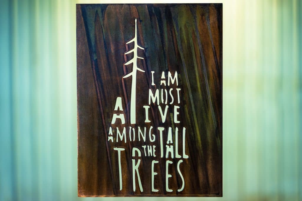 Among the Tall Trees Metal Wall Art is the quote I Am Most Alive Among the Tall Trees cut into metal. This particular piece is finished with a Camo Patina.