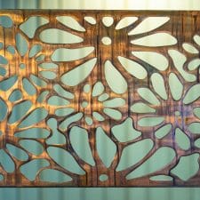 Metal Art Wall Decor rectangular Screen with Daisy pattern and a wood grain copper patina