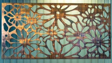 Metal Art Wall Decor rectangular Screen with Daisy pattern and a wood grain copper patina