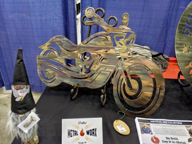 Metal wall art of motorcycle at the Great American Motorcycle Show