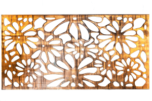 Metal Art Wall Decor rectangular Screen with Daisy pattern and a wood grain copper patina. This photo has the background removed.