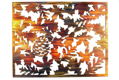 Metal wall art depicting fall leaves on metal cut square. This photo has the background removed.