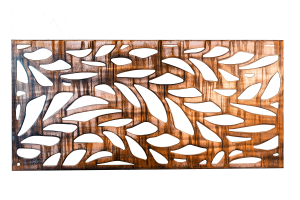 Metal wall art screen with long leaf pattern cut out of metal on wood grain copper patina finish. This picture has the background removed.