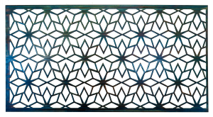 Geometric Metal Art Screen wall decor has flower patterns in a geometric shape. This photo shows the metal art without a background.