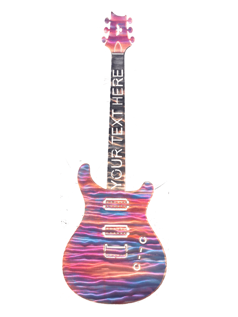 Metal wall art of guitar with ability to add text to neck of guitar. This photo shows the metal art without a background