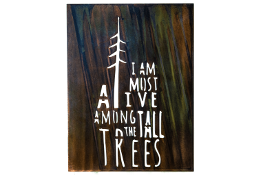 Among the Tall Trees Metal Wall Art is the quote I Am Most Alive Among the Tall Trees cut into metal. This particular piece is finished with a Camo Patina and the photo has the background removed