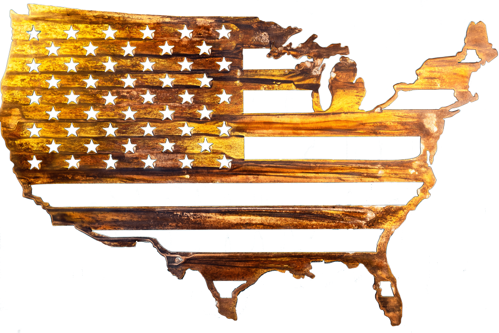 Metal wall art depicting American Flag inside outline of United States cut out of metal finished with Multi-Color and Wood Grain Copper Patina. This picture shows the flag without a background.