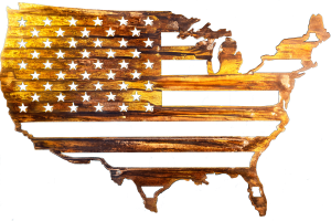 Metal wall art depicting American Flag inside outline of United States cut out of metal finished with Multi-Color and Wood Grain Copper Patina. This picture shows the flag without a background.