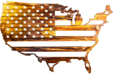 Metal wall art depicting American Flag inside outline of United States cut out of metal finished with Multi-Color and Wood Grain Copper Patina. This picture shows the flag without a background.